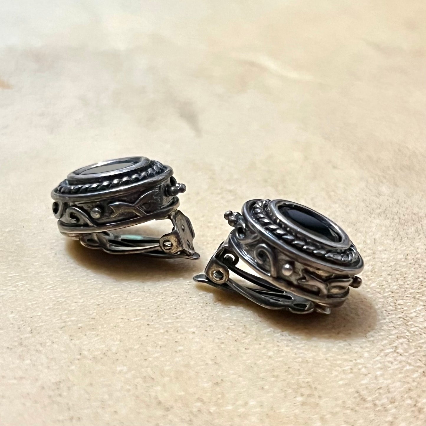 Black Faceted Rhinestone Clip On Earrings in Sterling Silver