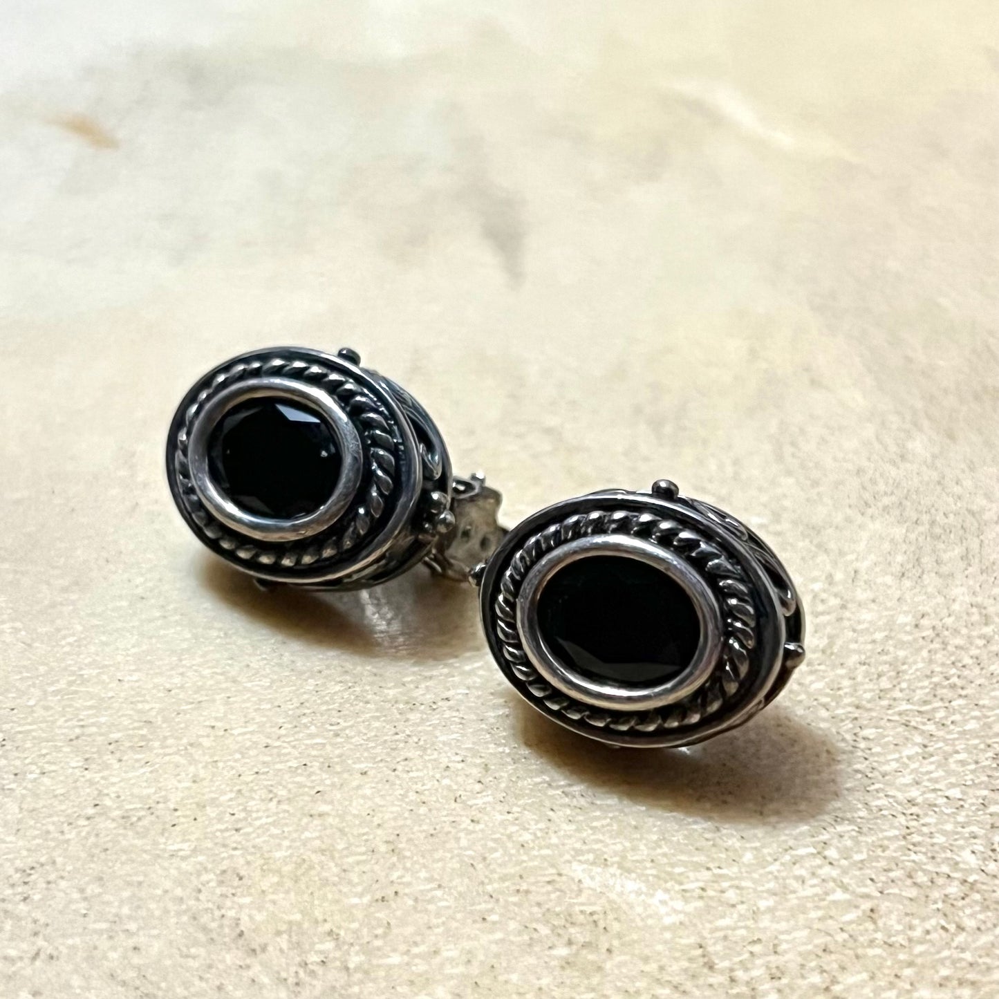 Black Faceted Rhinestone Clip On Earrings in Sterling Silver
