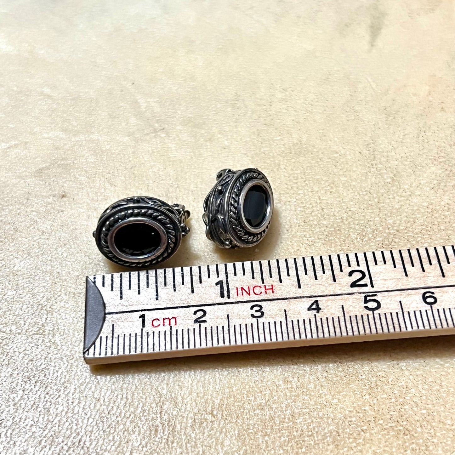Black Faceted Rhinestone Clip On Earrings in Sterling Silver