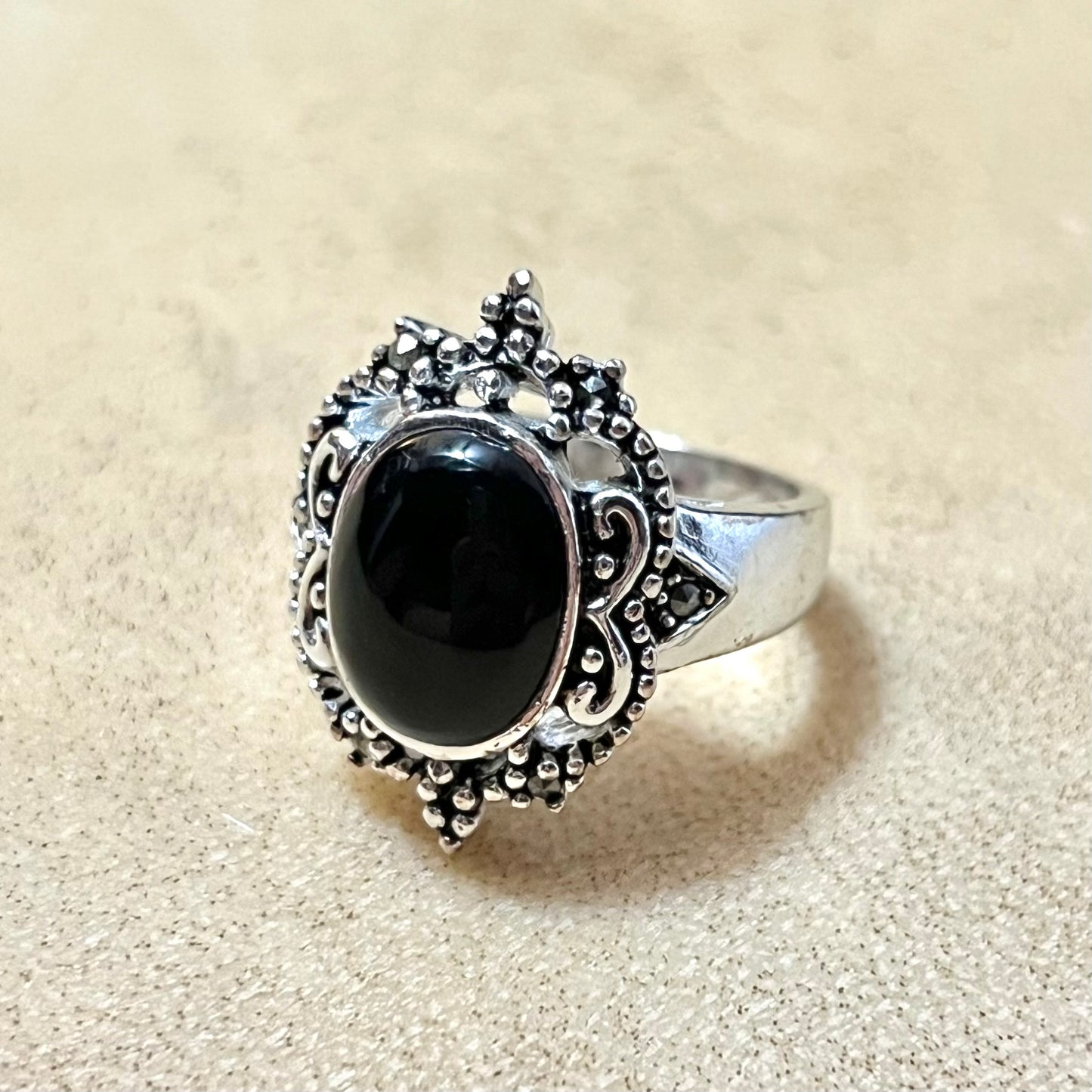 Black Stone & Marcasite Ring Set in Silver Tone Marked Thai Size 8.5