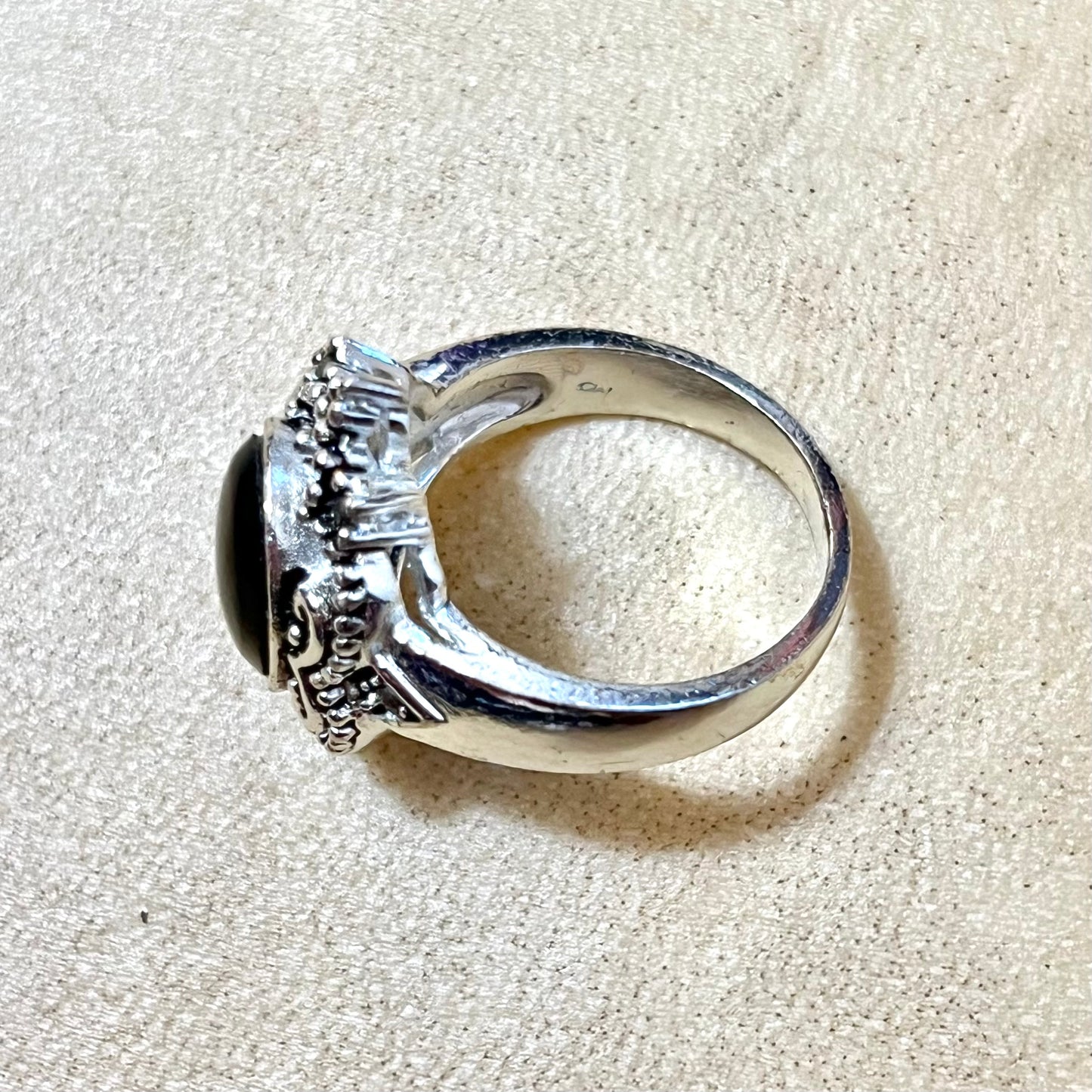 Black Stone & Marcasite Ring Set in Silver Tone Marked Thai Size 8.5