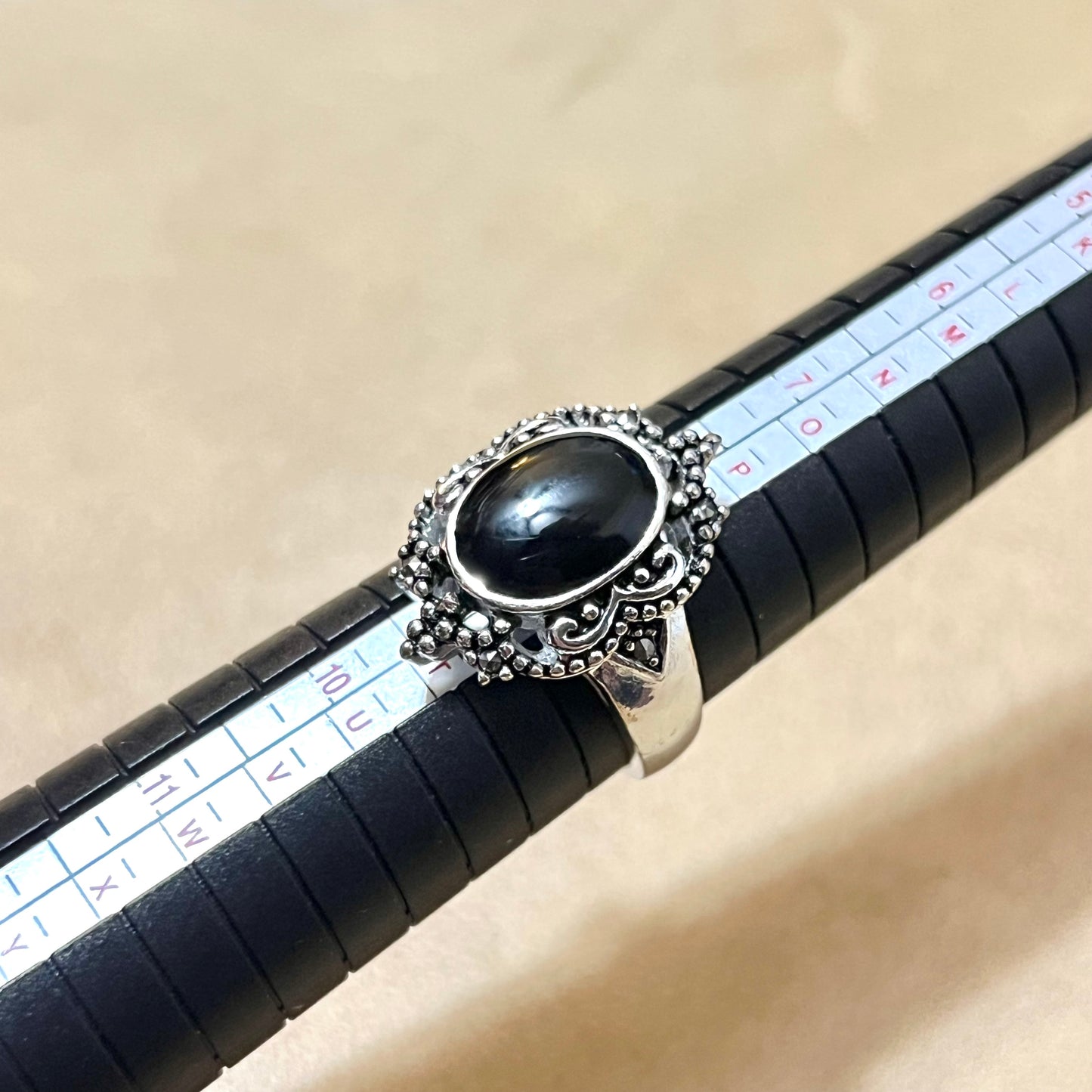 Black Stone & Marcasite Ring Set in Silver Tone Marked Thai Size 8.5