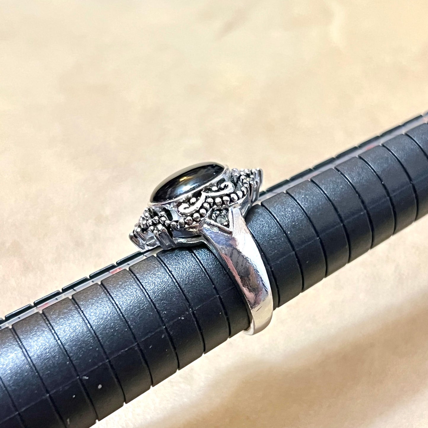 Black Stone & Marcasite Ring Set in Silver Tone Marked Thai Size 8.5
