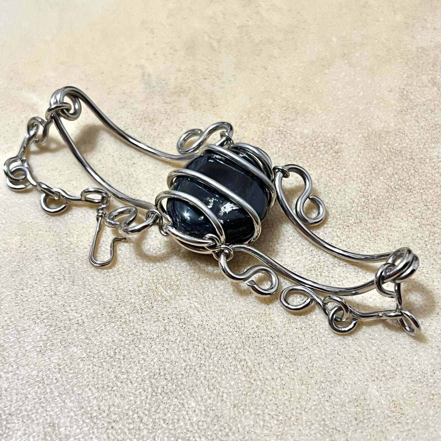 Black Stone Wire Wrapped Silver Tone Vintage Bracelet