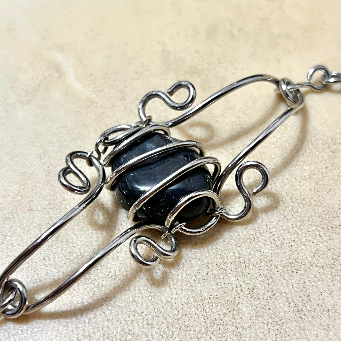 Black Stone Wire Wrapped Silver Tone Vintage Bracelet