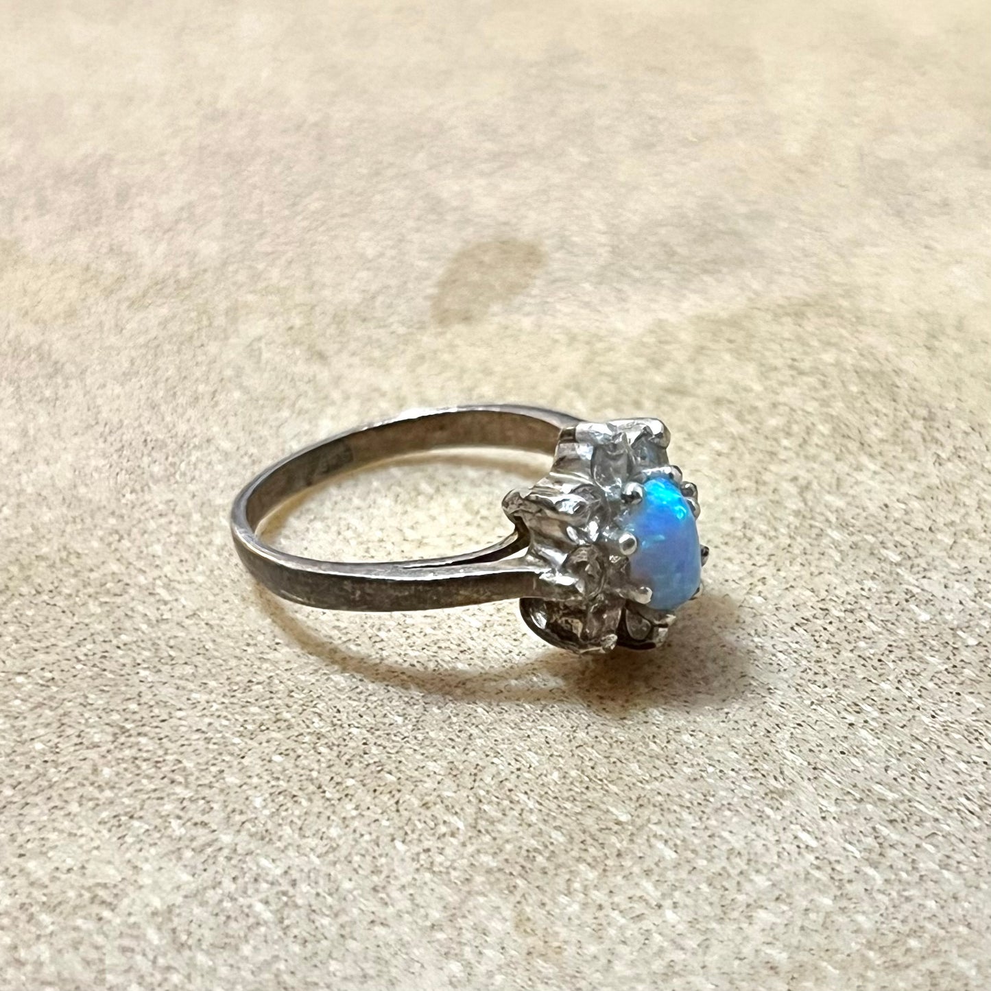 Blue Opal & Clear Rhinestone Encrusted Sterling Silver Ring Size 5