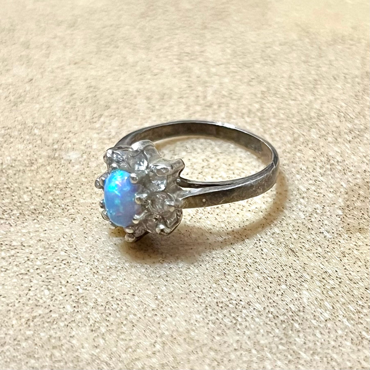 Blue Opal & Clear Rhinestone Encrusted Sterling Silver Ring Size 5