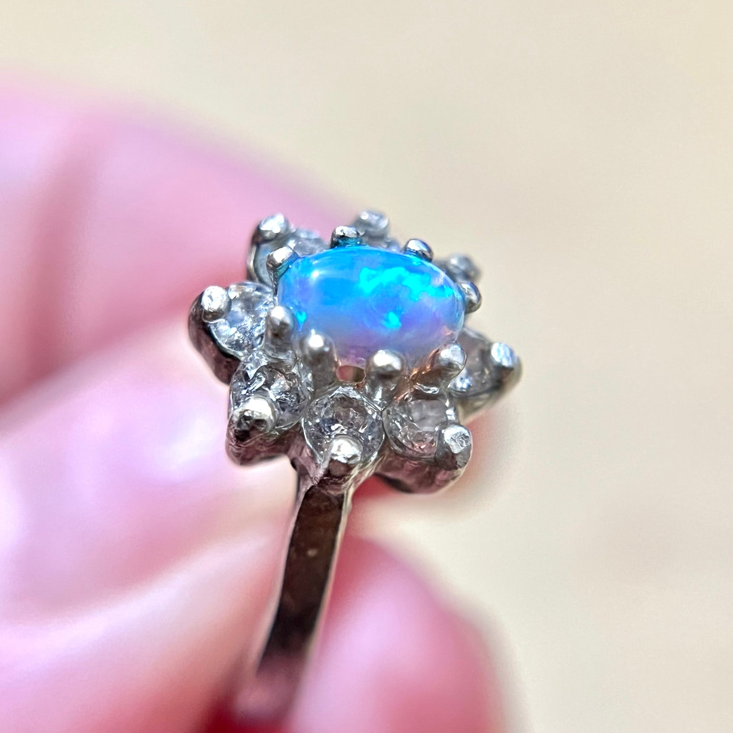 Blue Opal & Clear Rhinestone Encrusted Sterling Silver Ring Size 5