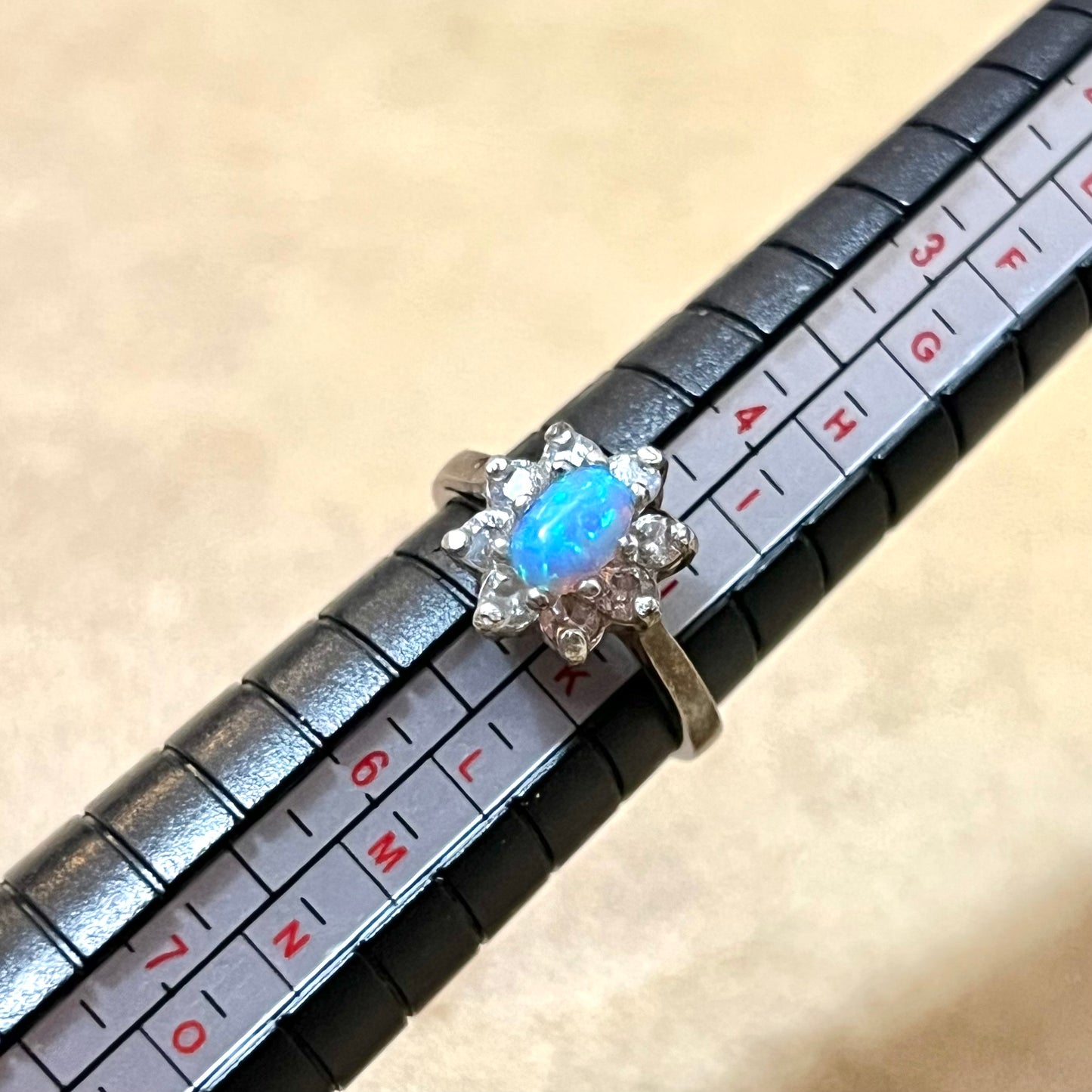 Blue Opal & Clear Rhinestone Encrusted Sterling Silver Ring Size 5