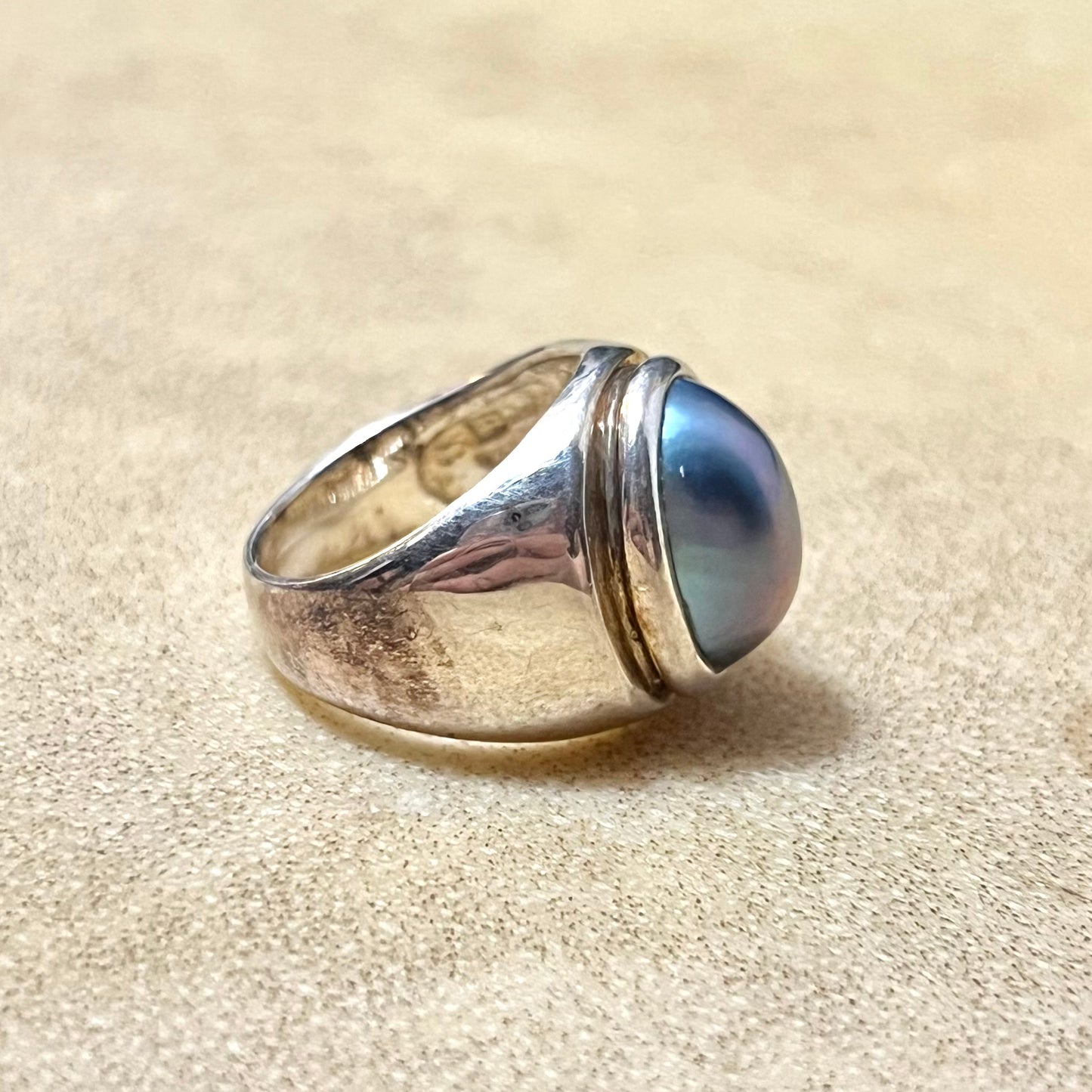 Blue Pearl Sterling Silver Vintage Statement Ring Size 6