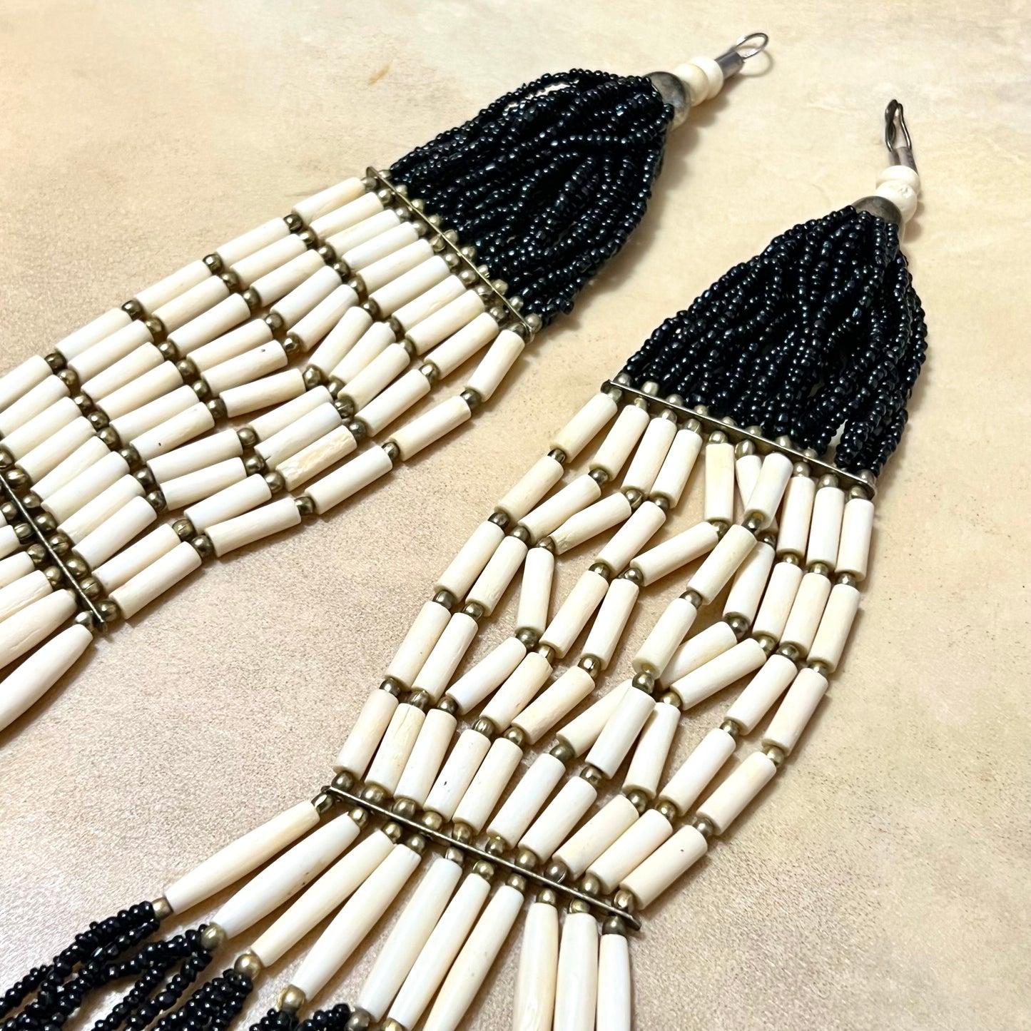 Bovine Bone & Black Glass Seed Bead Drape Necklace - Vintage