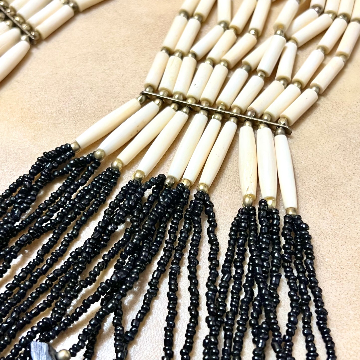 Bovine Bone & Black Glass Seed Bead Drape Necklace - Vintage
