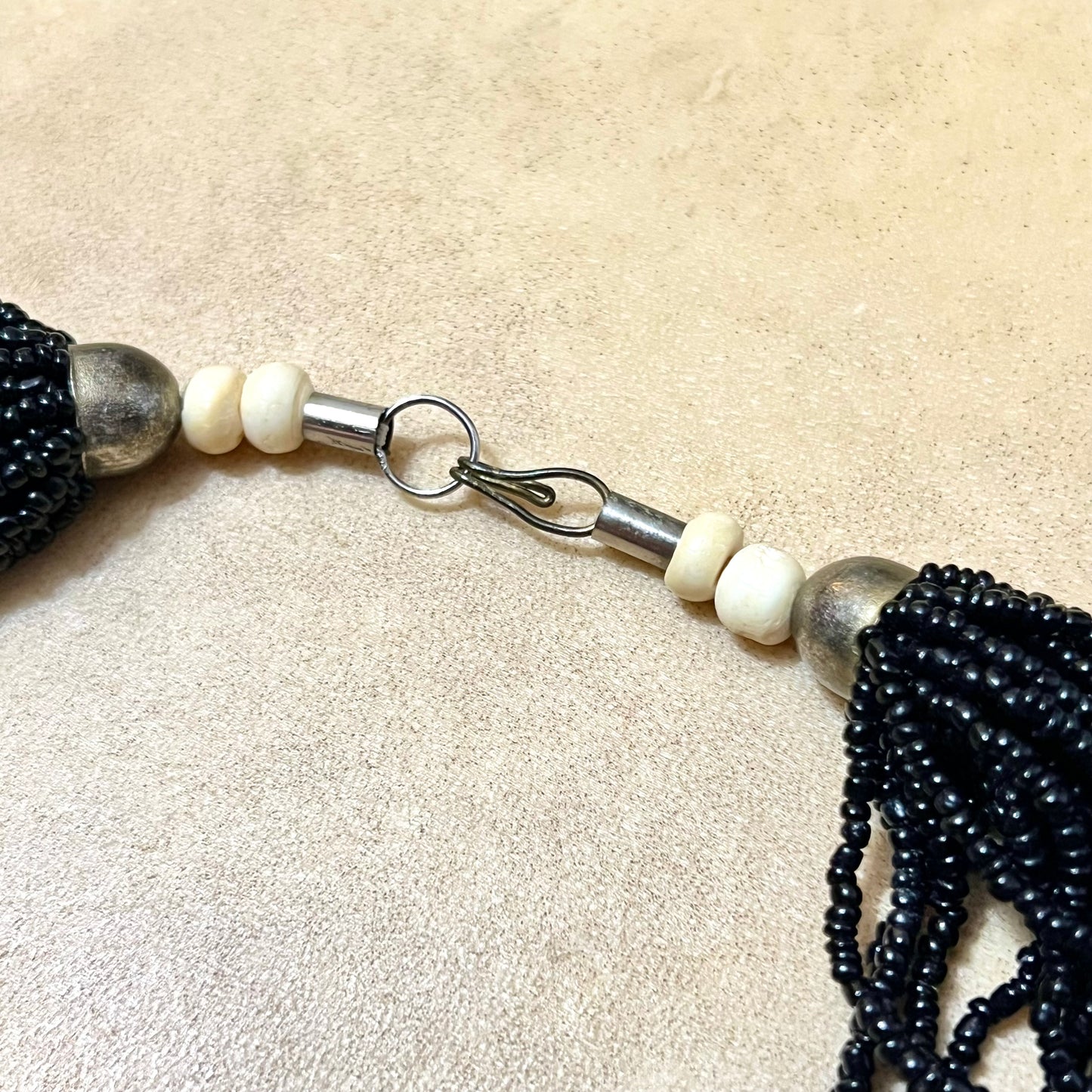 Bovine Bone & Black Glass Seed Bead Drape Necklace - Vintage