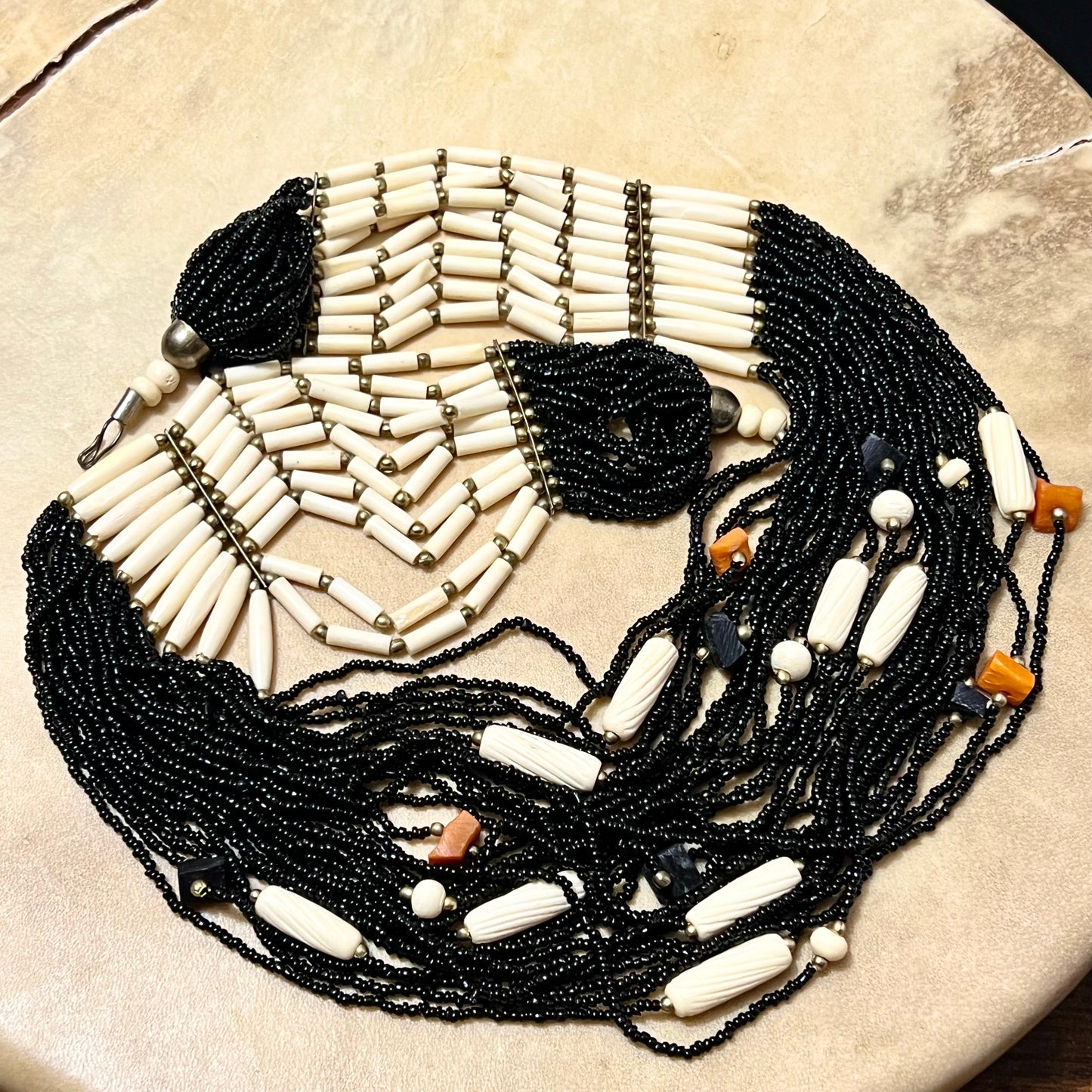 Bovine Bone & Black Glass Seed Bead Drape Necklace - Vintage