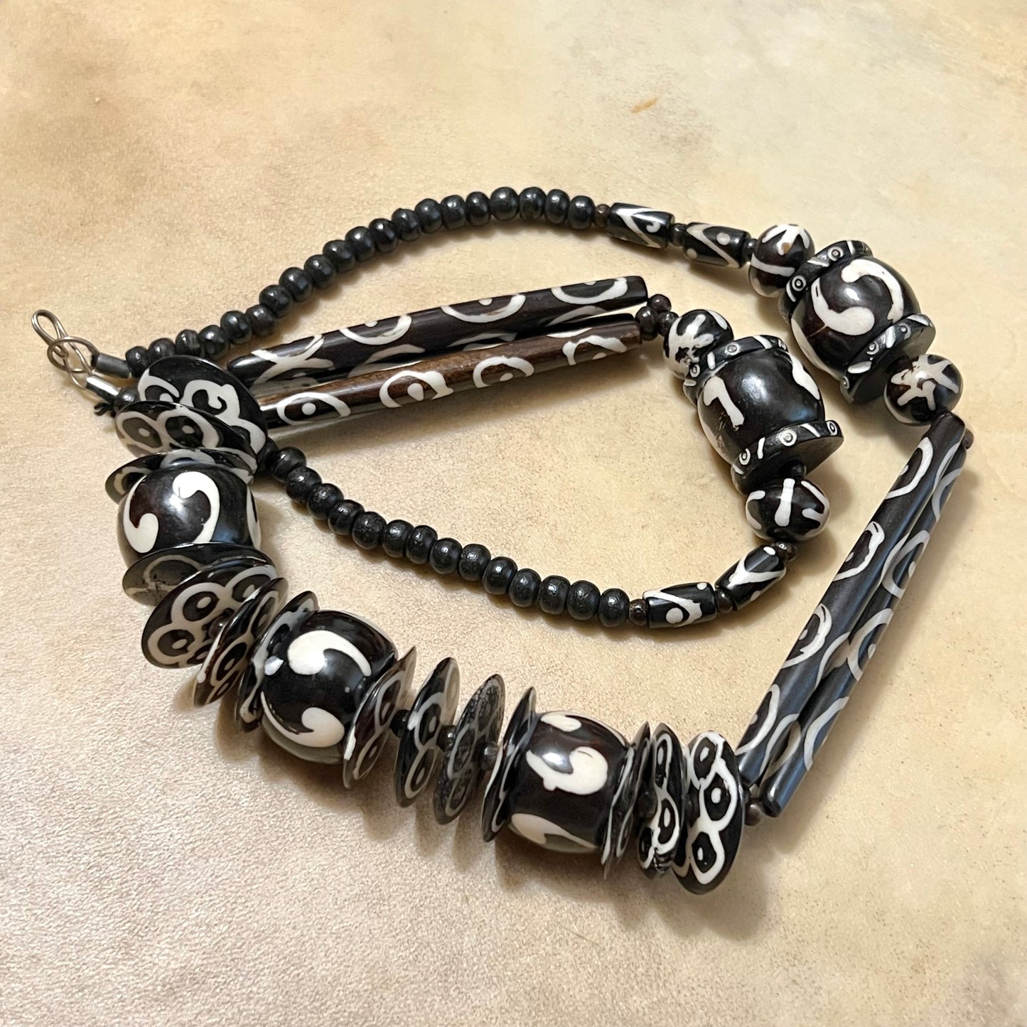Black and White Bovine Bone Carved Bead Necklace - Vintage