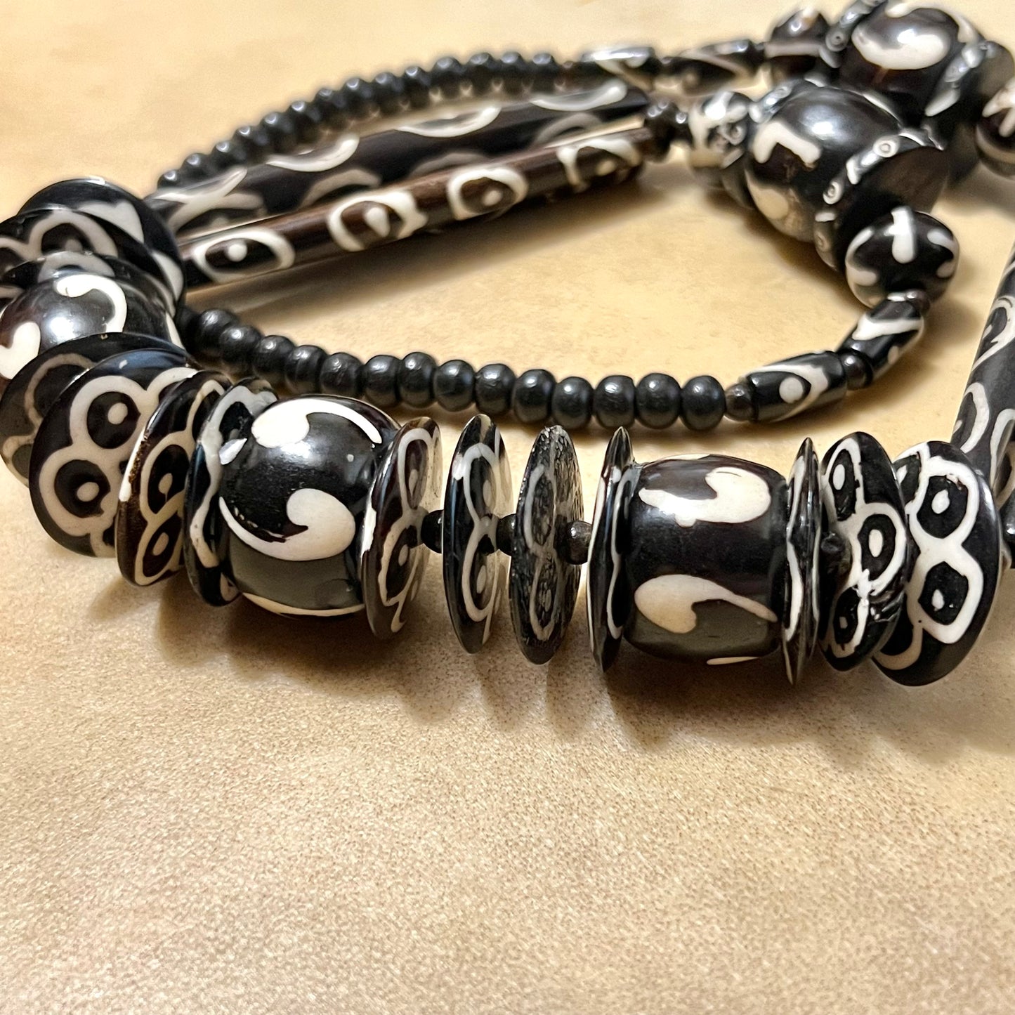 Black and White Bovine Bone Carved Bead Necklace - Vintage