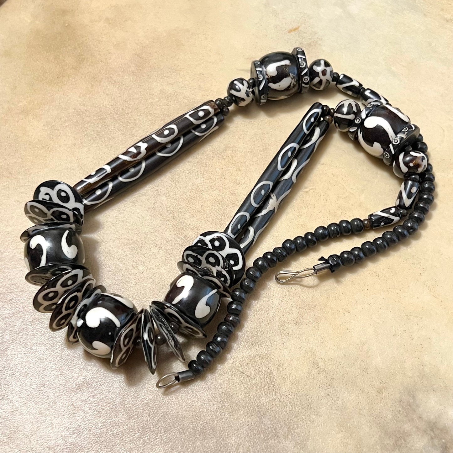 Black and White Bovine Bone Carved Bead Necklace - Vintage