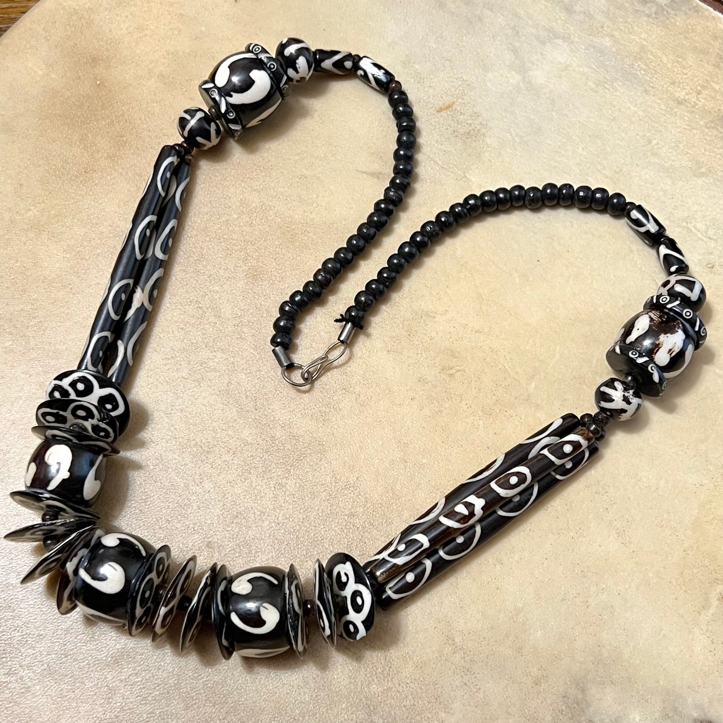 Black and White Bovine Bone Carved Bead Necklace - Vintage