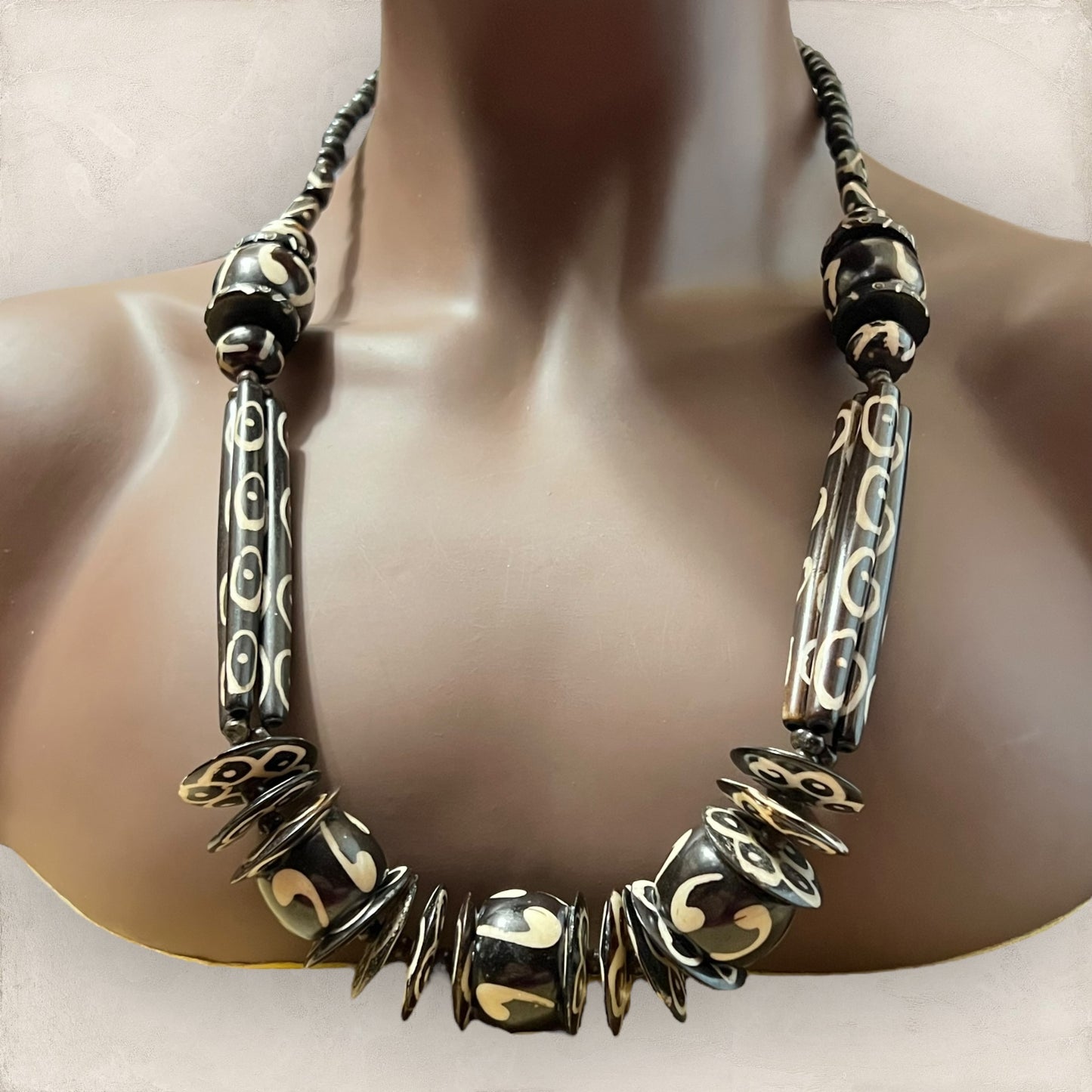 Black and White Bovine Bone Carved Bead Necklace - Vintage