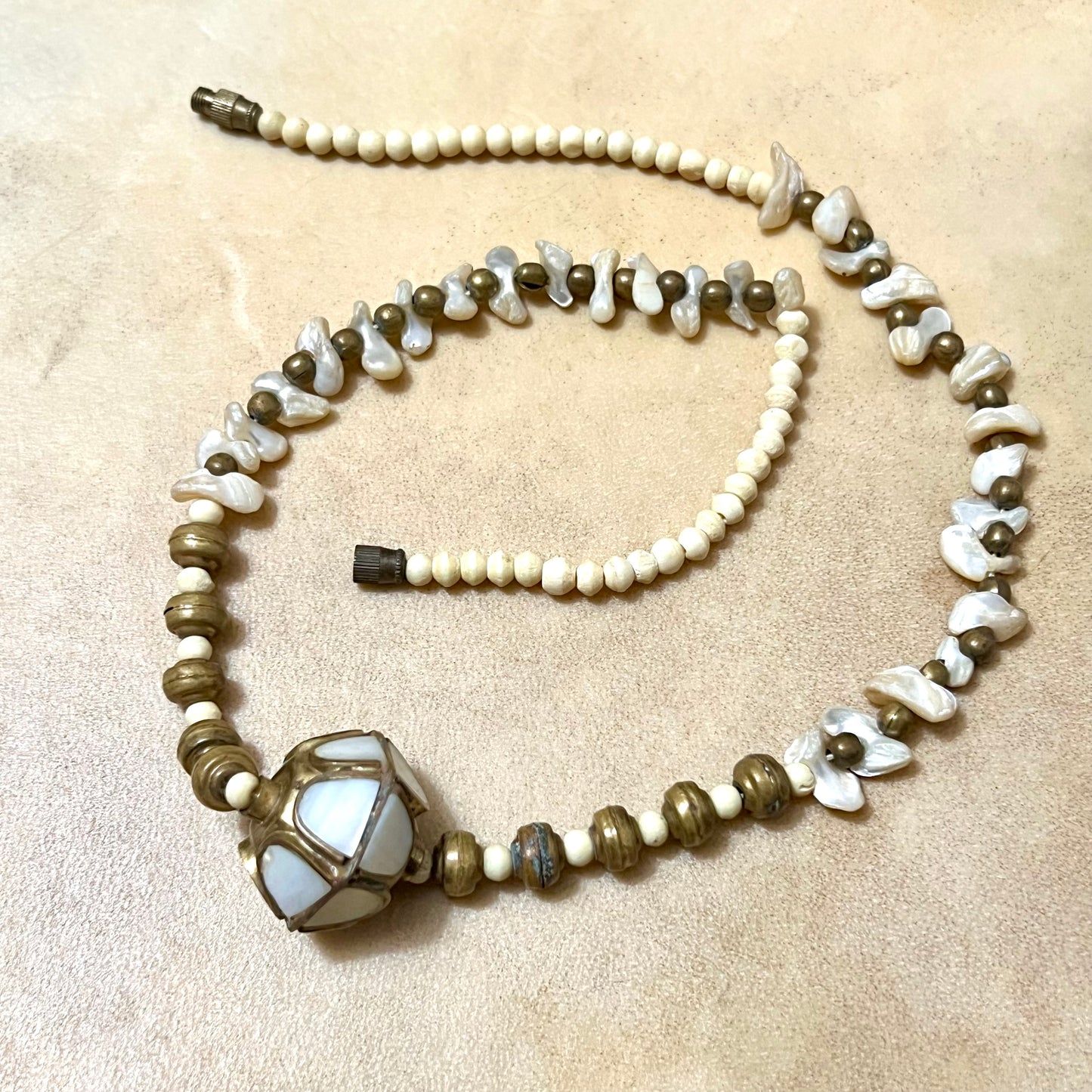 Mother of Pearl, Bone, & Brass Vintage Beaded Choker Necklace