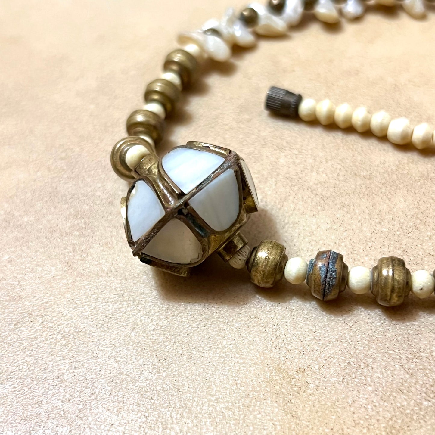 Mother of Pearl, Bone, & Brass Vintage Beaded Choker Necklace