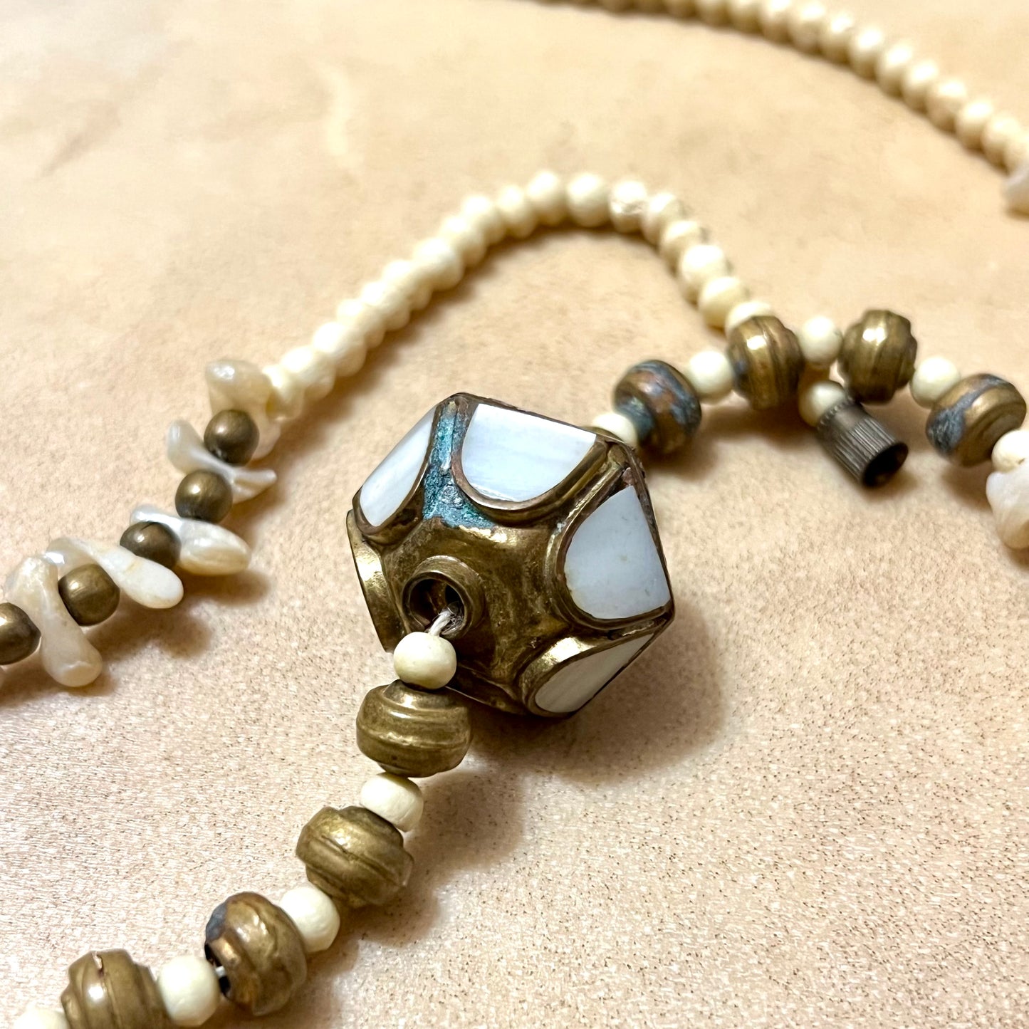 Mother of Pearl, Bone, & Brass Vintage Beaded Choker Necklace