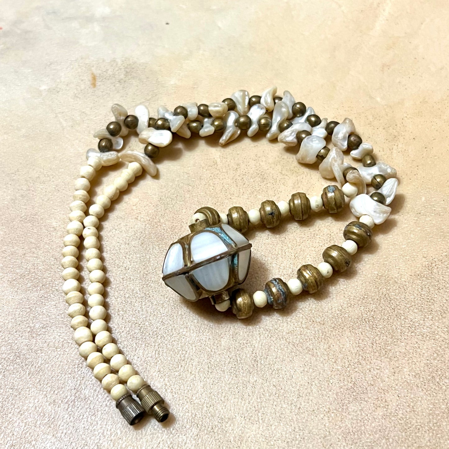 Mother of Pearl, Bone, & Brass Vintage Beaded Choker Necklace