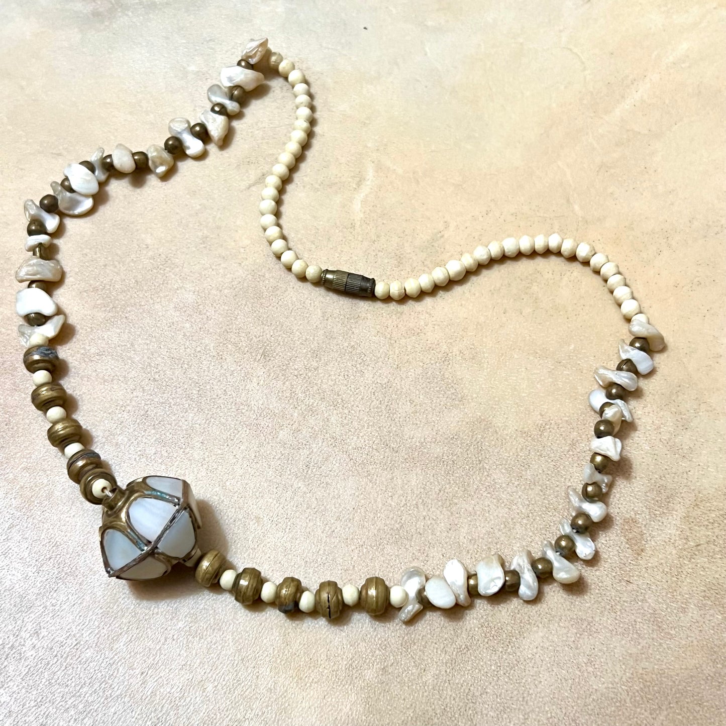 Mother of Pearl, Bone, & Brass Vintage Beaded Choker Necklace