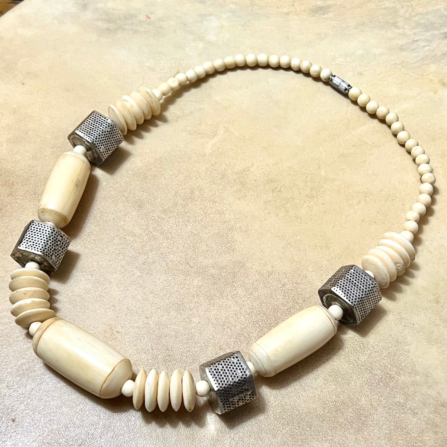 Bovine Bone & Silver Tone Hexagram Beaded Necklace - Vintage
