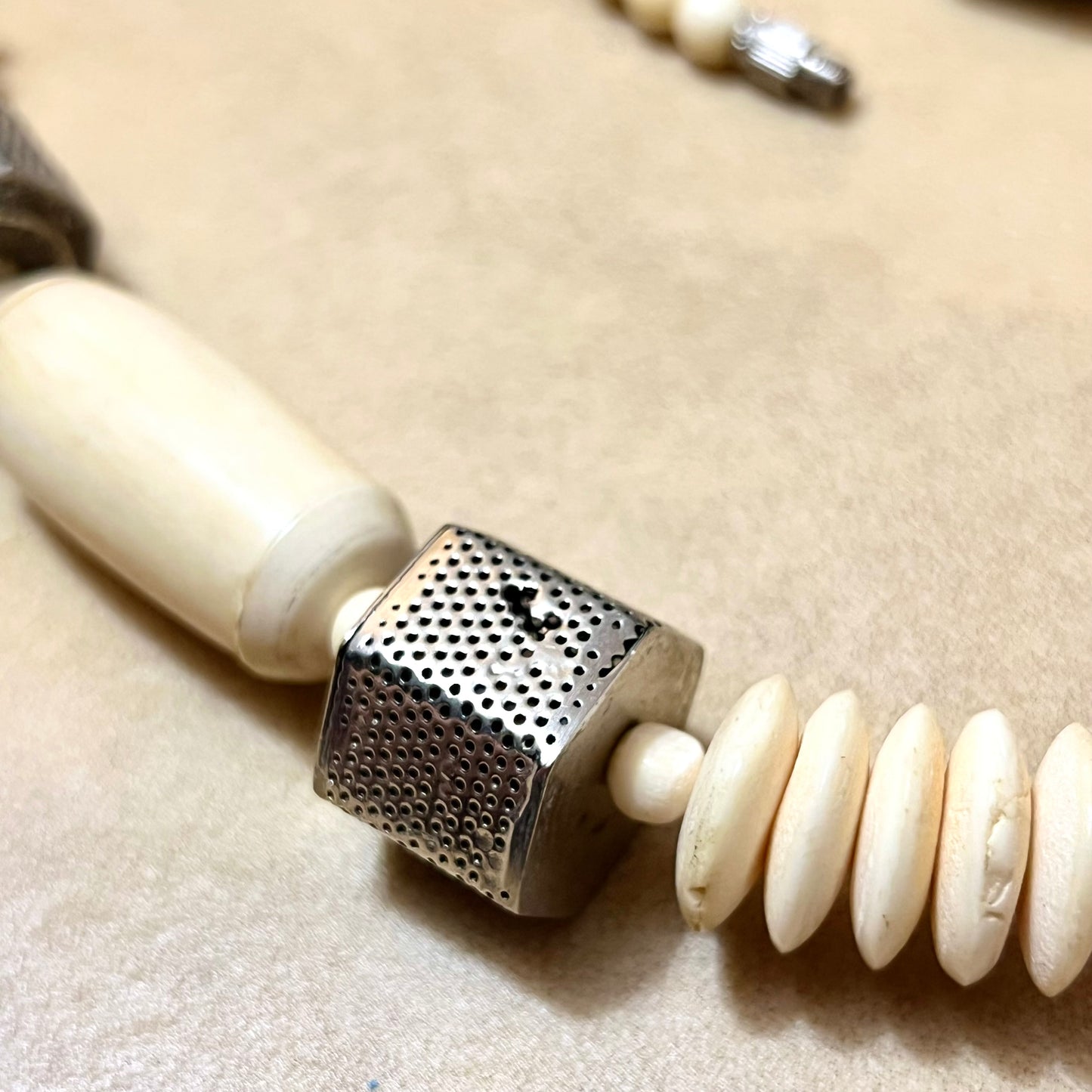 Bovine Bone & Silver Tone Hexagram Beaded Necklace - Vintage