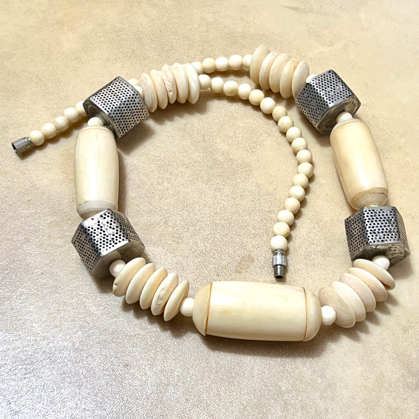 Bovine Bone & Silver Tone Hexagram Beaded Necklace - Vintage