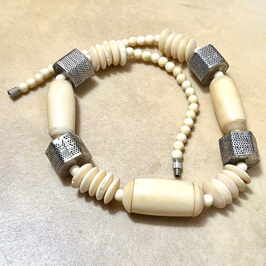 Bovine Bone & Silver Tone Hexagram Beaded Necklace - Vintage
