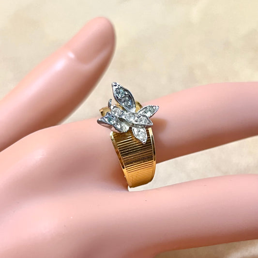 Vintage Gold & Silver Toned Rhinestone Butterfly Ring Size 7