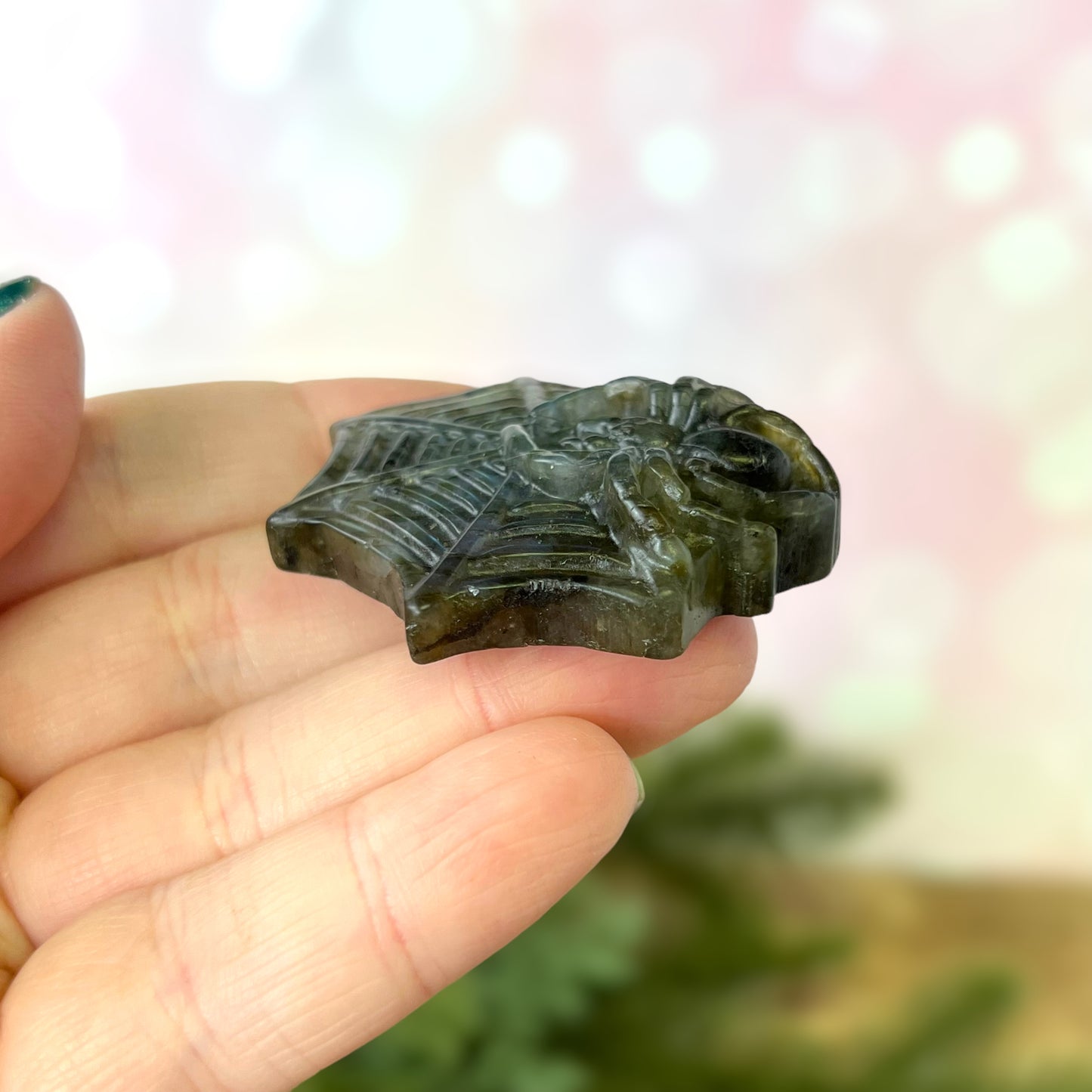 Labradorite Spider on Web Carved Crystal Caobchon