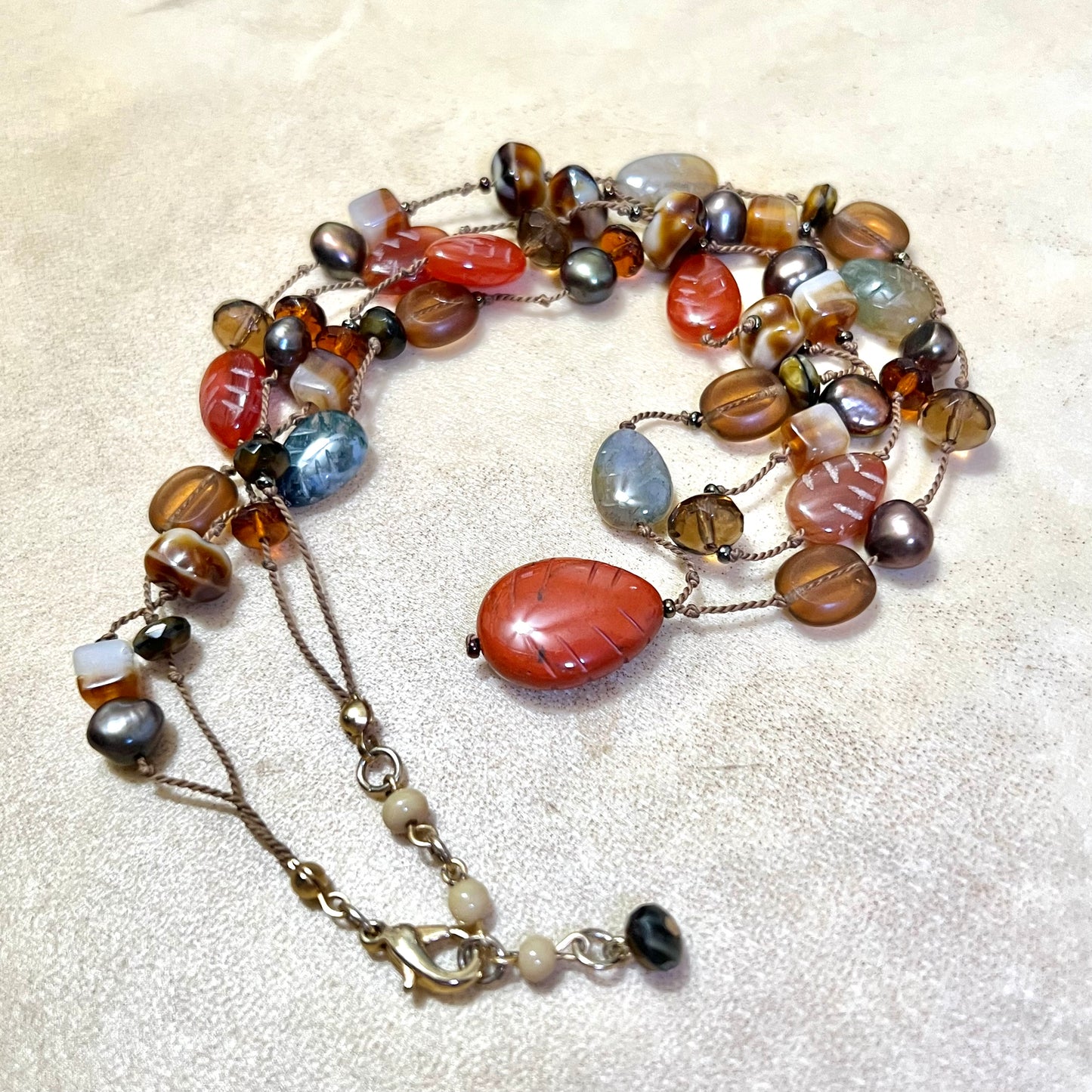 Red Jasper Carved Leaf Vintage Beaded Necklace