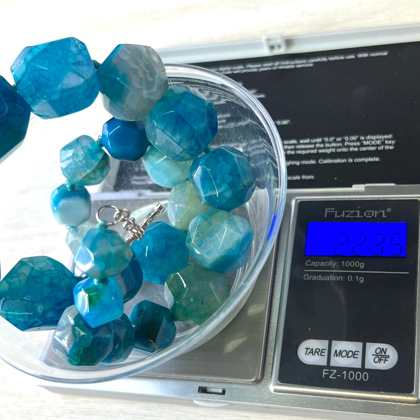 Blue Dyed Agate Beaded Necklace, Hand Knotted with Sterling Silver Clasp by Lucoral