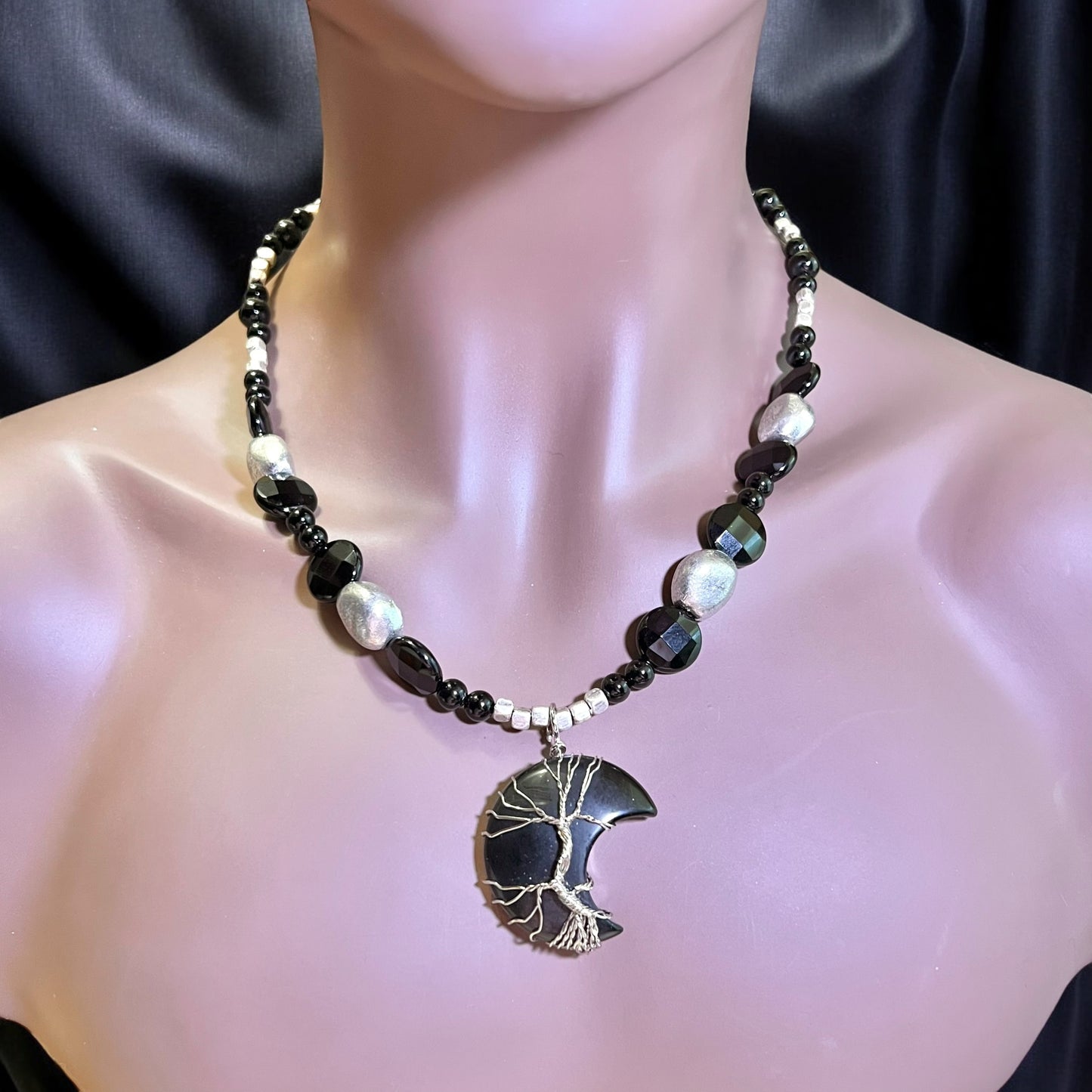 Dark Tree of Life Crescent Moon Handmade Necklace
