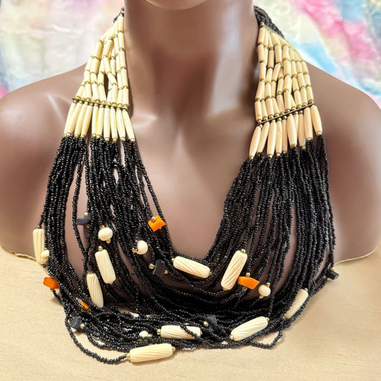 Bovine Bone & Black Glass Seed Bead Drape Necklace - Vintage