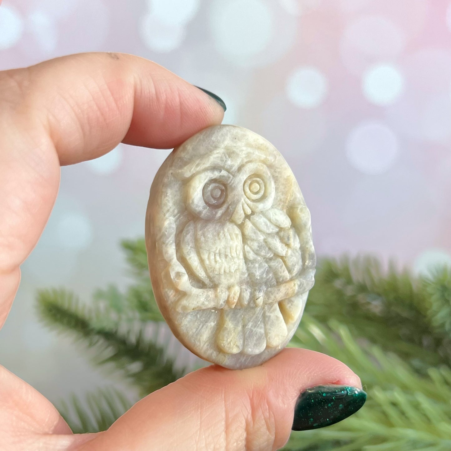 Belomorite Owl Carved Crystal Cabochon