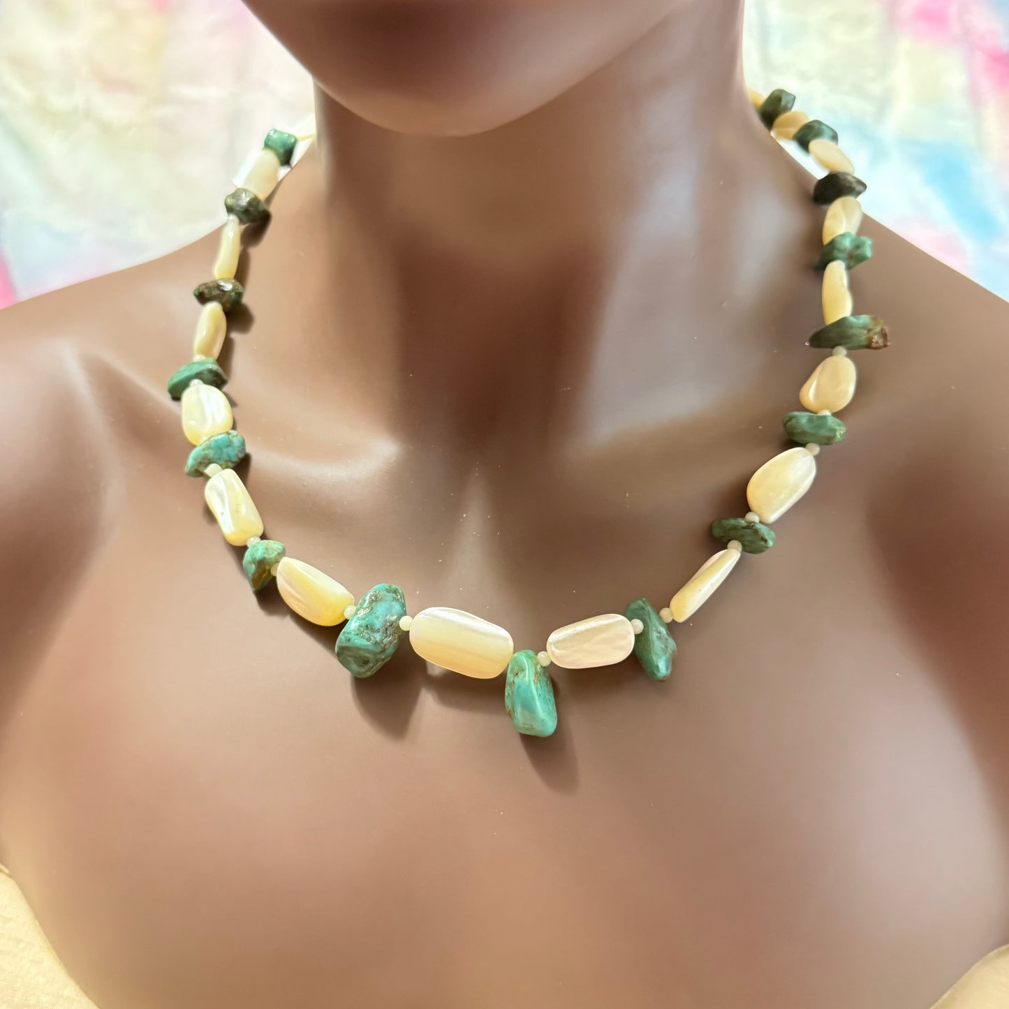 Mother of Pearl & Turquoise Vintage Beaded Necklace in Sterling Silver