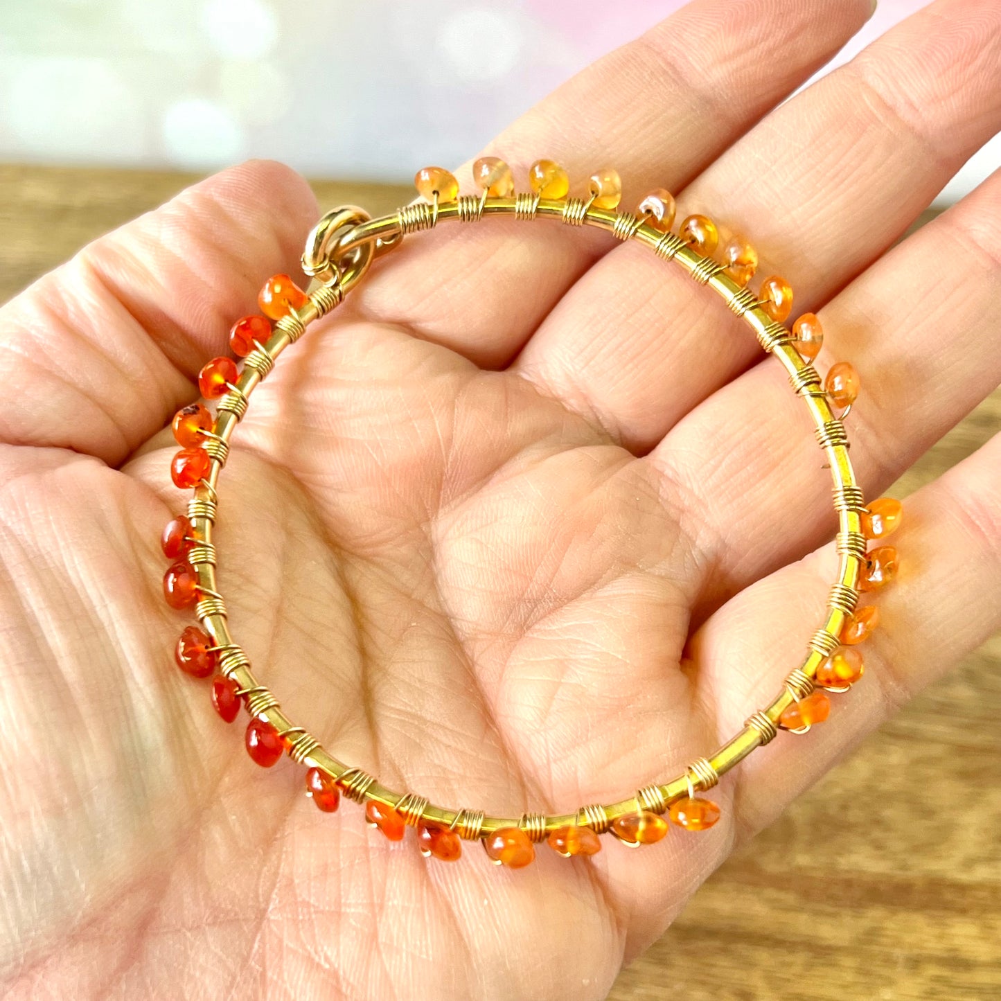 Vintage Bracelet Stack of 4 Gold Tone Bangles including Green Aventurine, Carnelian, and Evil Eye