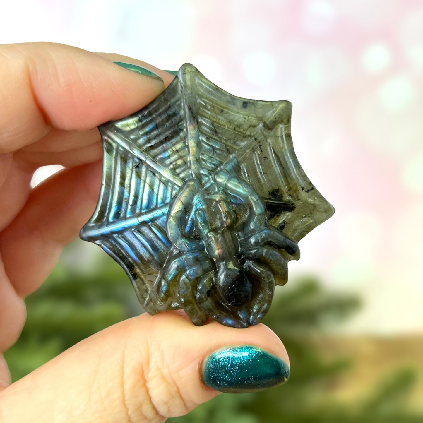 Labradorite Spider on Web Carved Crystal Caobchon