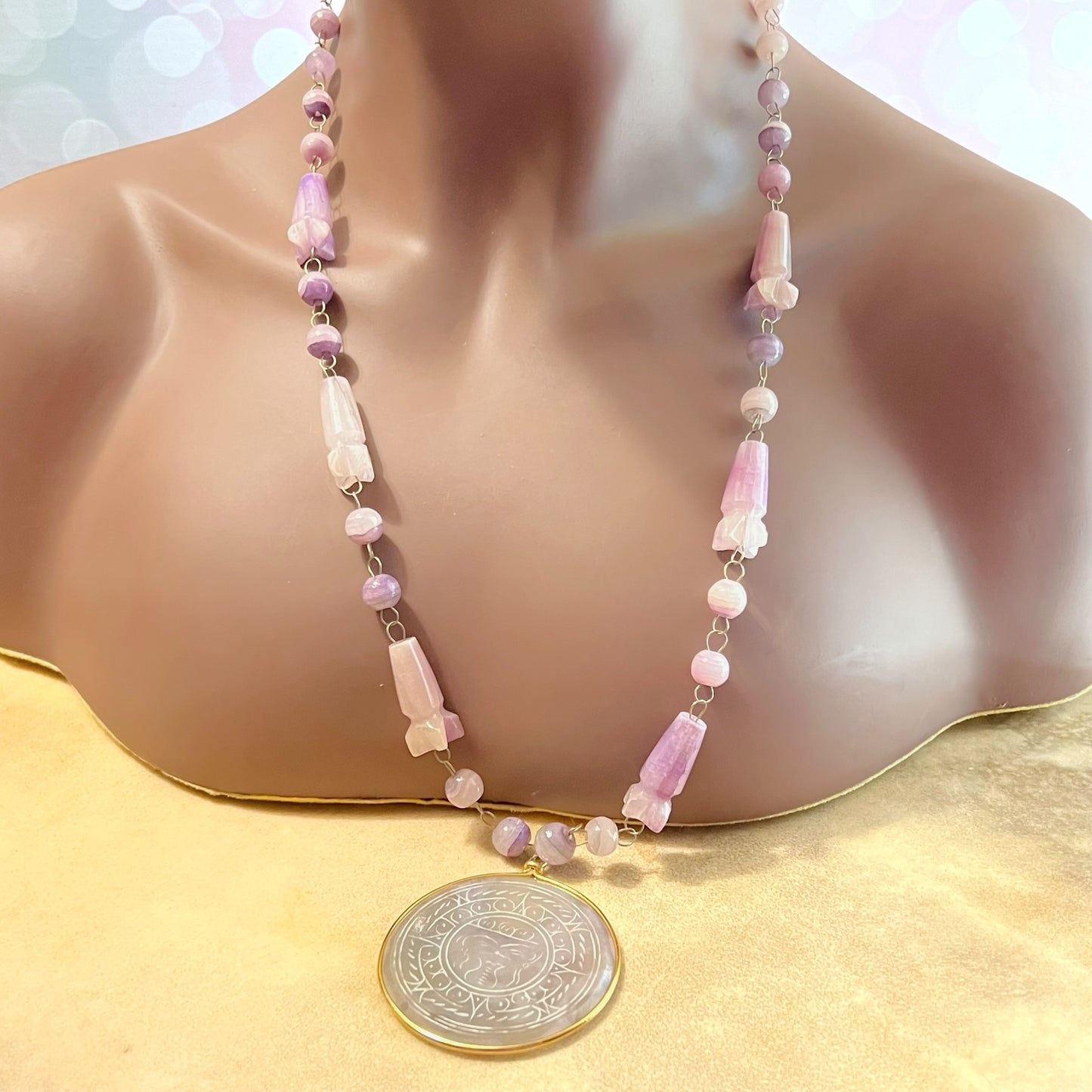Purple Calcite Onyx Vintage Necklace with Aztec Carvings
