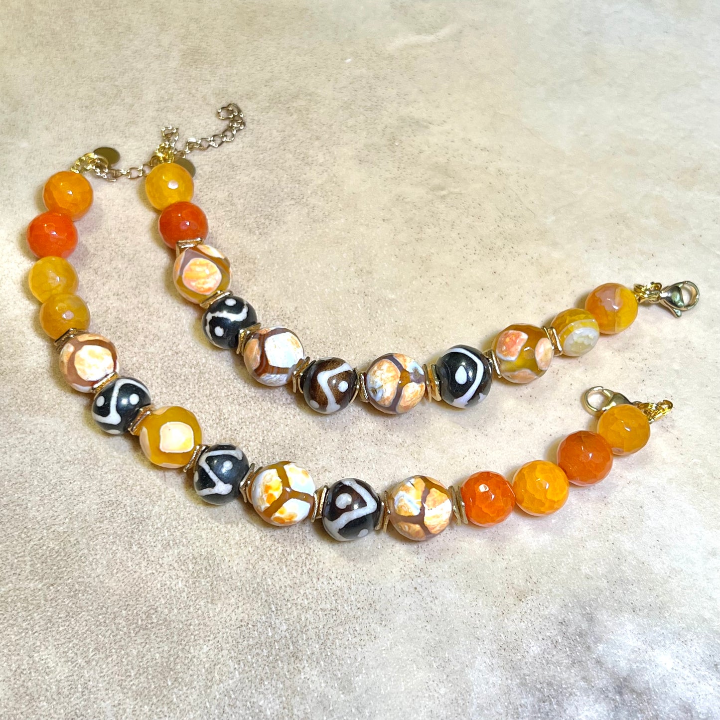 Pumpkin Spice Orange Agate & Bone Gold Tone Handmade Bracelet