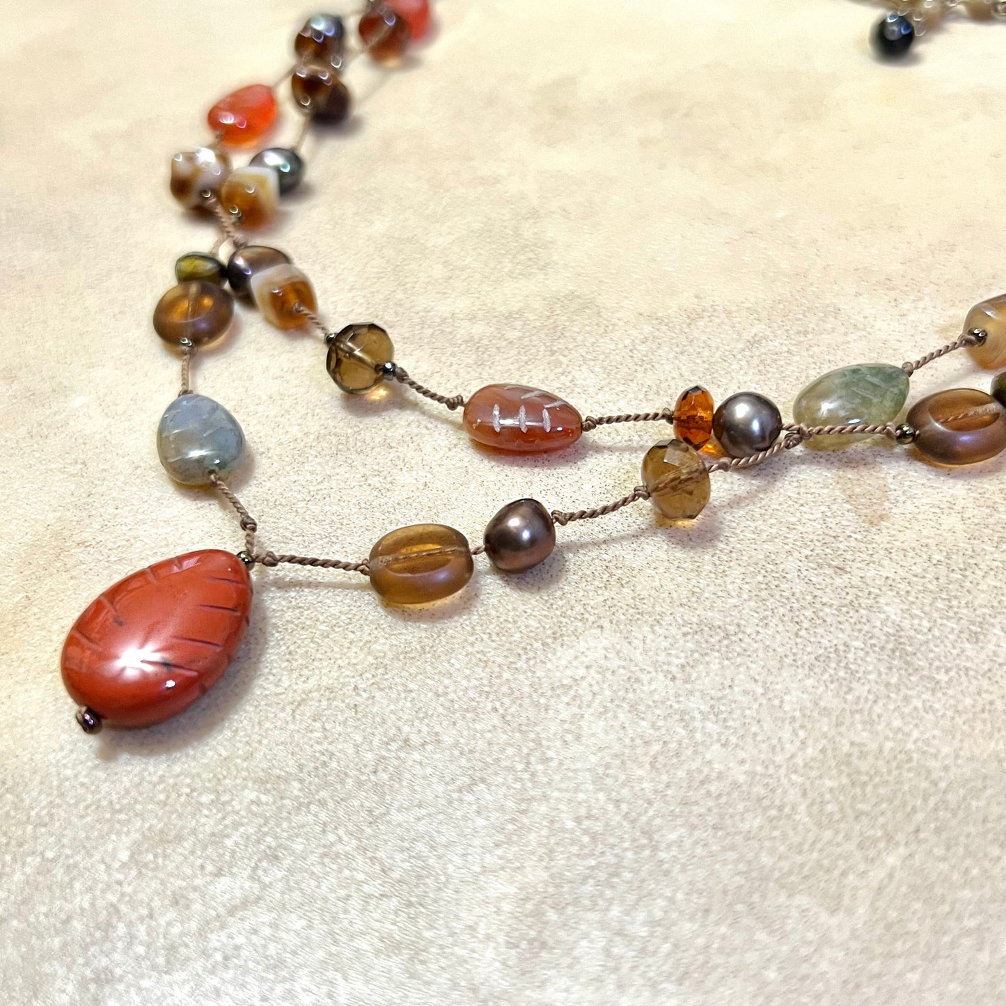 Red Jasper Carved Leaf Vintage Beaded Necklace