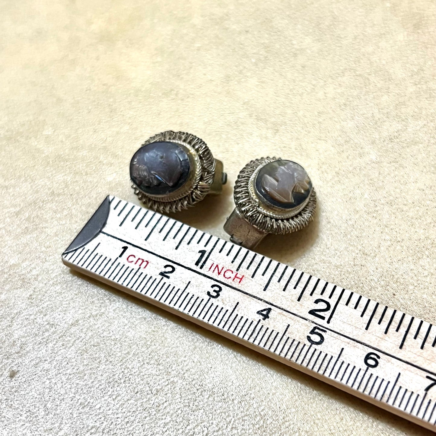 Carved Mother of Pearl Abalone Cameo Vintage Silver Clip Earrings