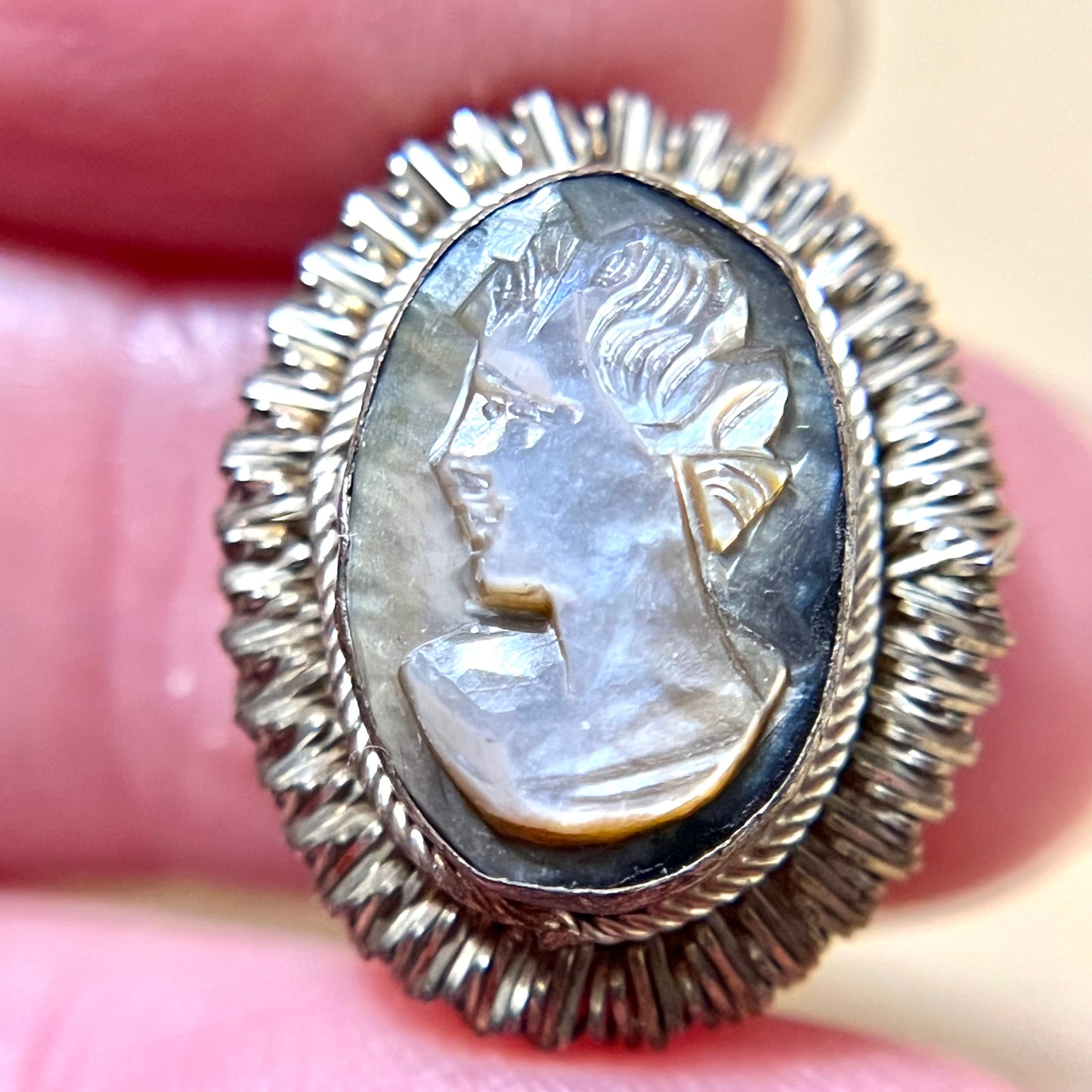 Carved Mother of Pearl Abalone Cameo Vintage Silver Clip Earrings