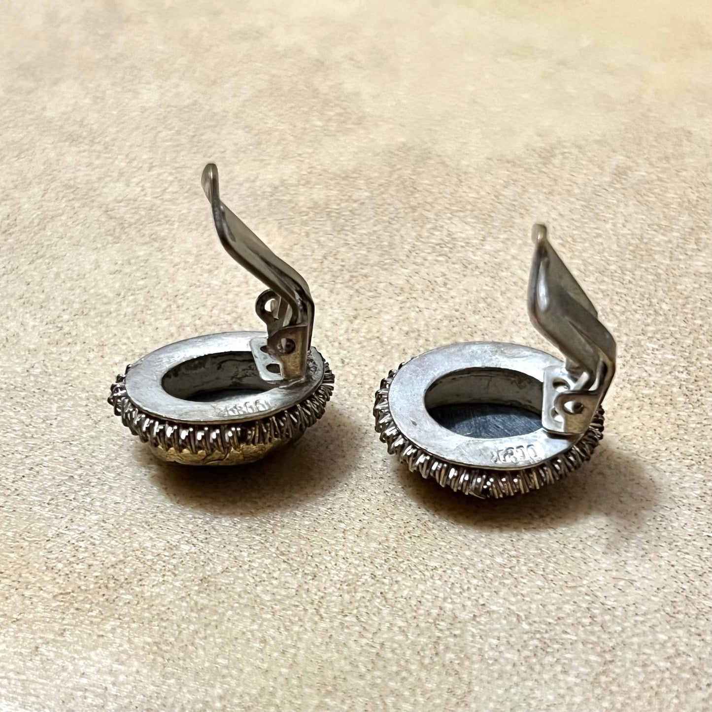 Carved Mother of Pearl Abalone Cameo Vintage Silver Clip Earrings