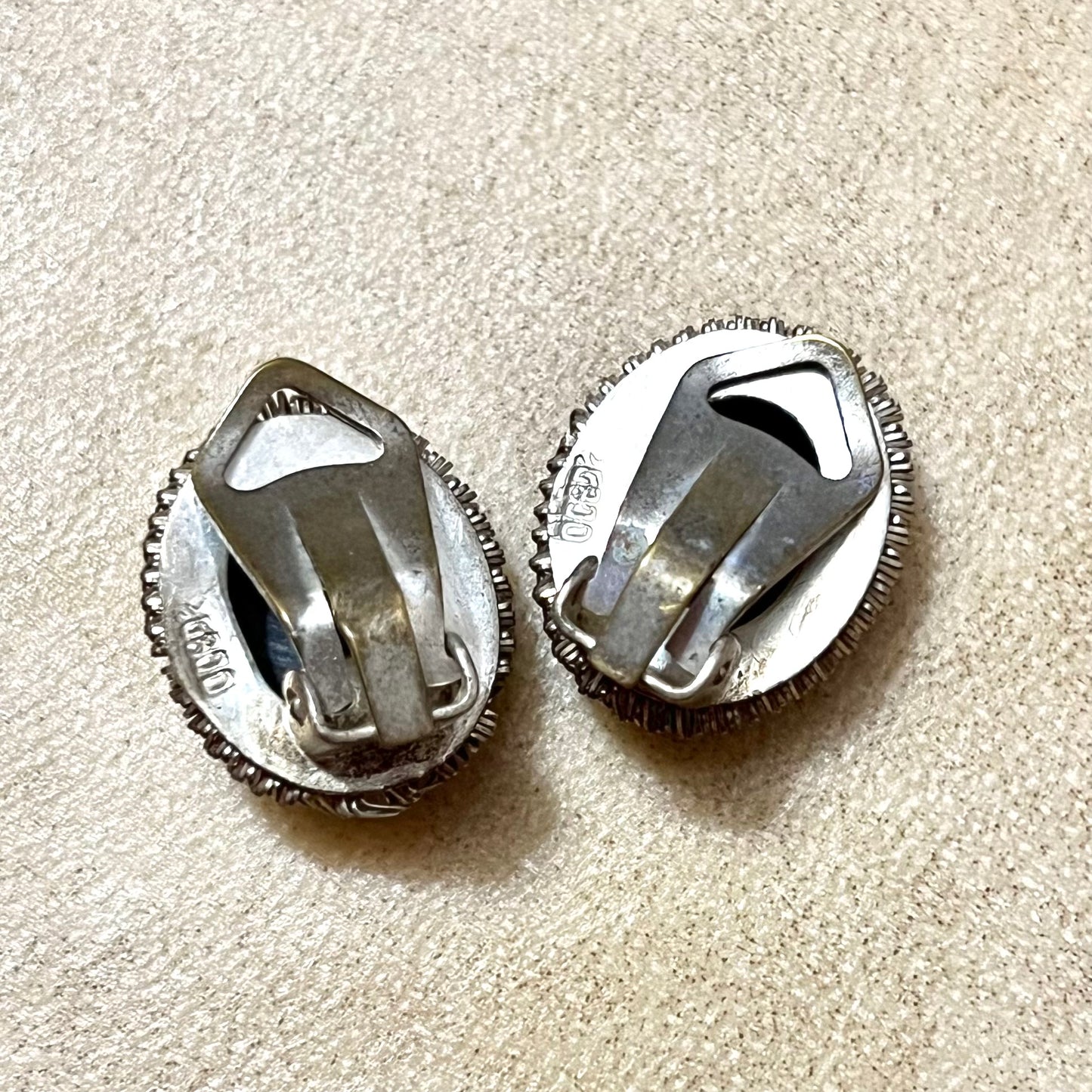 Carved Mother of Pearl Abalone Cameo Vintage Silver Clip Earrings