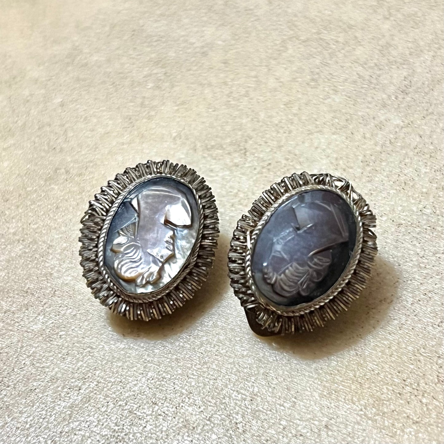 Carved Mother of Pearl Abalone Cameo Vintage Silver Clip Earrings